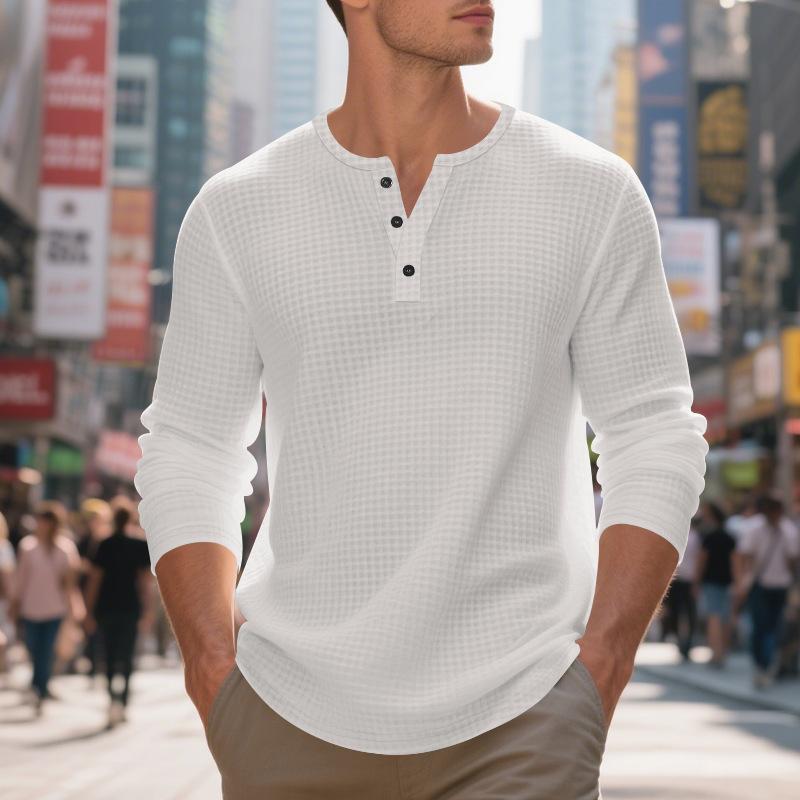 Men's Jacquard Small Square Buckle Henley Long Sleeve Retro Base T-shirt
