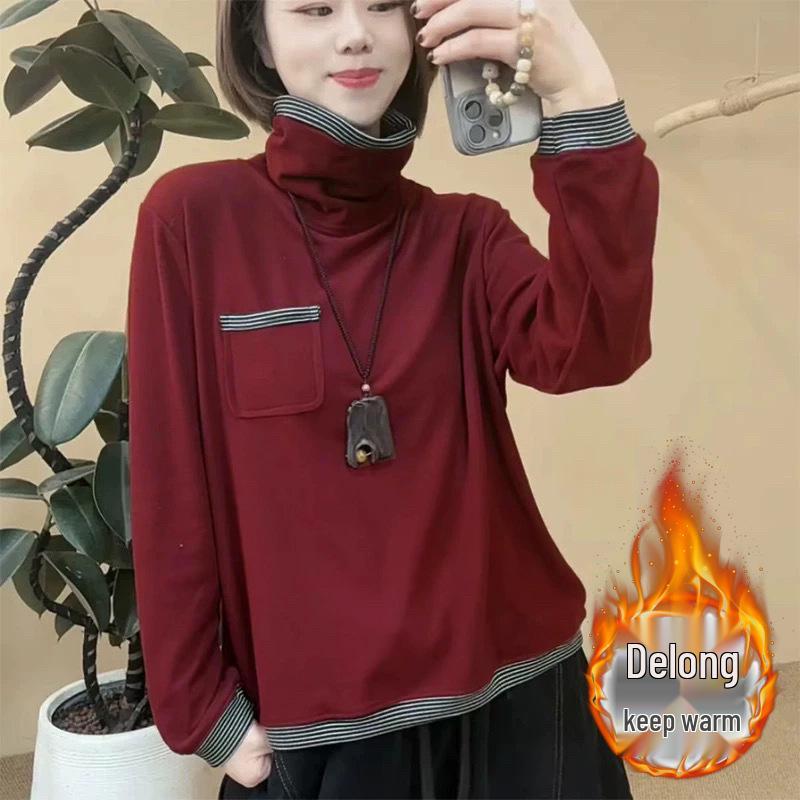 

Angola Red Color Block High Neck Base Layer Women s Top – Autumn/Winter Long Sleeve Fake Two-Piece S красный