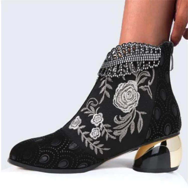 New Ankle Boots Women's Shoes Leather Boots Embroidery Ethnic Bohemia Zipper Spring Autumn Ladies Botas Botas De Mujer2025