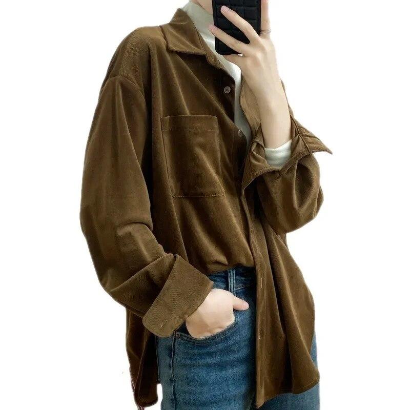 Vintage Langarm Cordhemd Herbst Und Winter Frauen Kleidung Mode Drehen Unten Kragen Bluse Casual Tasche Mantel Tops 30247