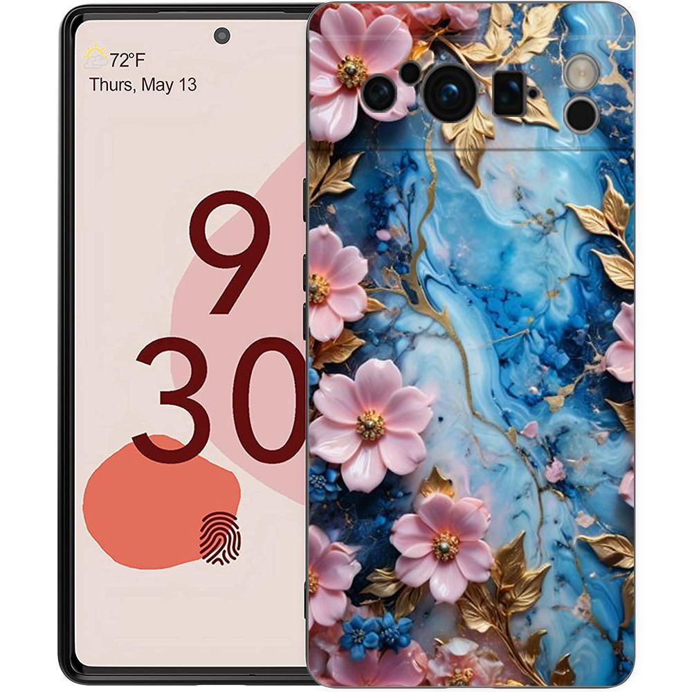 

Flower Marble Phone Case For Google Pixel 10 9 8 7 6 Pro XL 9A 8A 6A 7A 5G Soft Shockproof TPU Black Cover Google Pixel 8