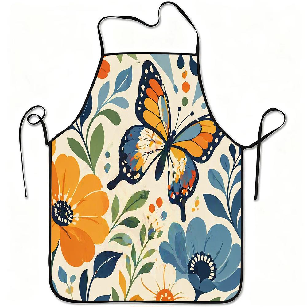 1pc Colorful Butterfly & Floral Apron with Adjustable Waistband - Durable Easy-Clean Polyester Suitable for Kitchen Cooking, Gardening, Picking, Chris