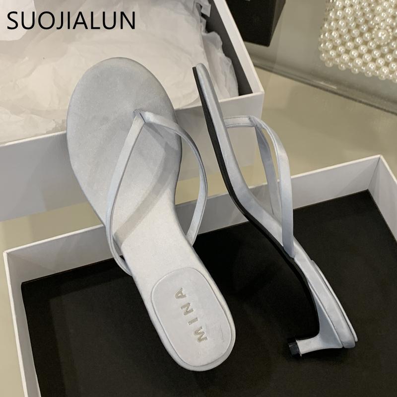 Fashion SUOJIALUN 2025 Summer New Brand Slipper Fashion Narrow Band Slip On Flip Flop Shoes Thin Low Heel Outdoor Dress Sandal Slides Sh