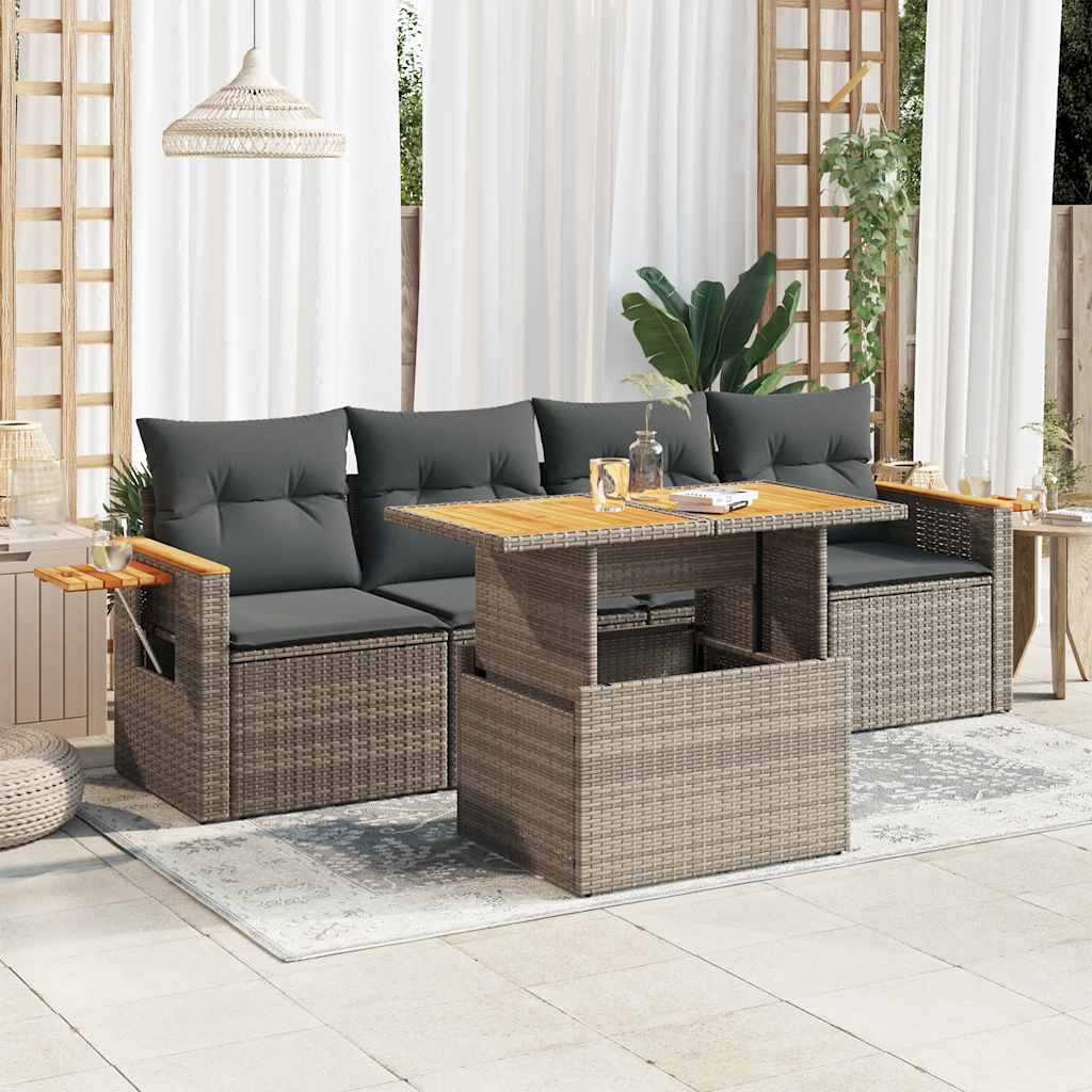 5 Piece Garden Sofa Set with Cushions Grey Poly Rattan & Acacia