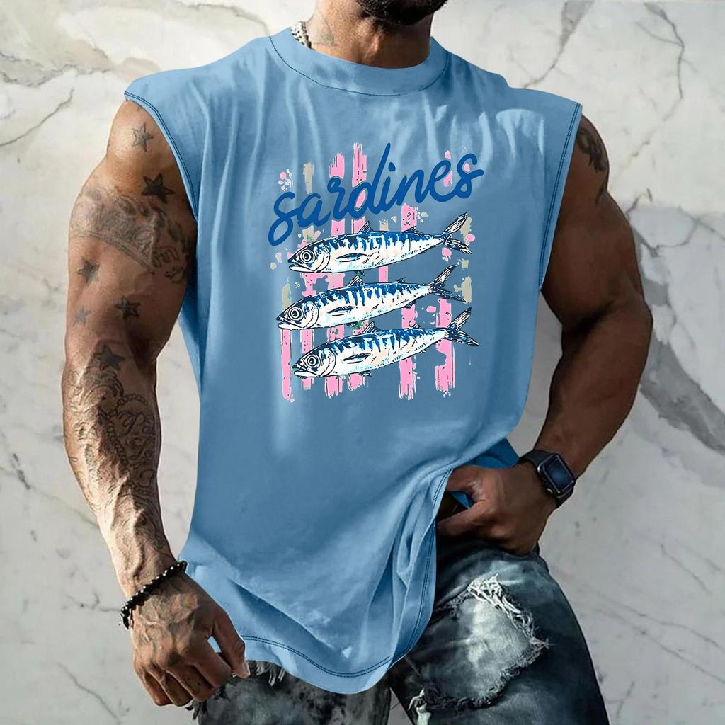 Pánské tílko s vtipným potiskem a retro texturou, volný střih, prodyšné, na letní sporty a streetwear, ležérní pro každodenní nošení