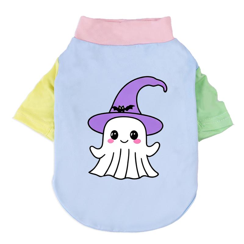 Halloween Cute Ghost Print Pet T‑Shirt Cats & Dogs Soft Cotton Clothes Outfit For Bichon French Bulldog Holiday Party Costume
