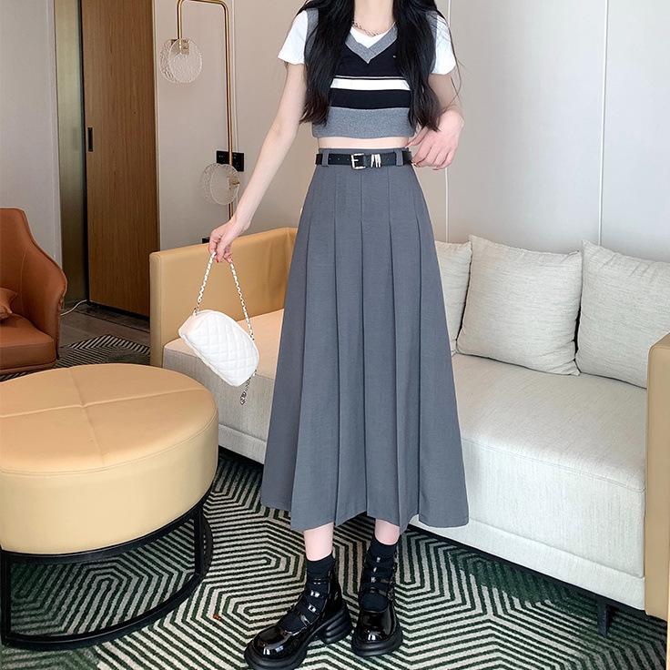 Elegant High-Waisted A-Line Pleated Skirt - Mid-Length, Slimming, Fashionable Niche Design