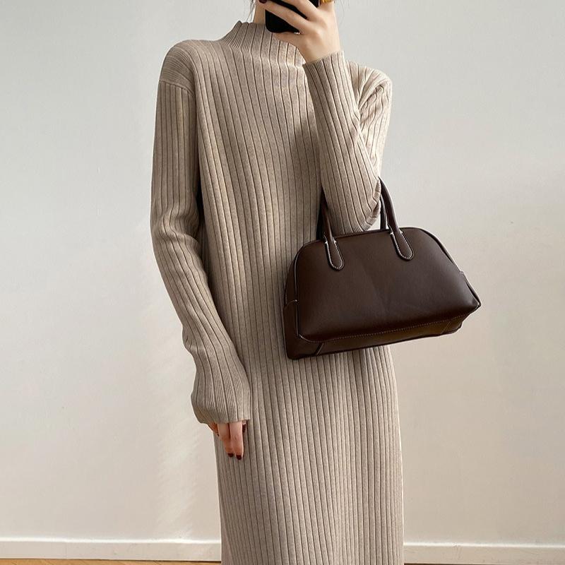 Mid-length Pullover Sweater for Women's Autumn and Winter Half Turtleneck Knee-length Knitted Dress Solid Color Casual Sweater Dress
