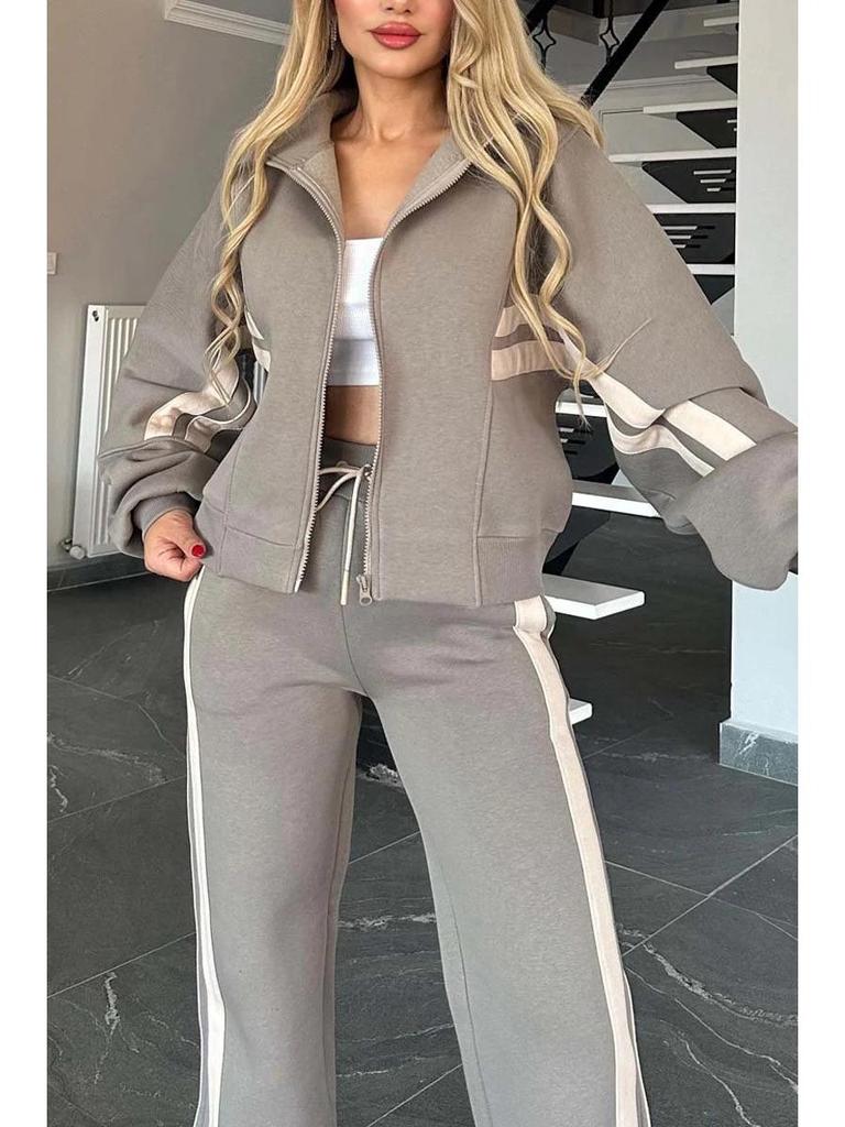 2025 Women's Striped Zipper Jacket & Casual Sportswear Set - Spring/Summer Collection