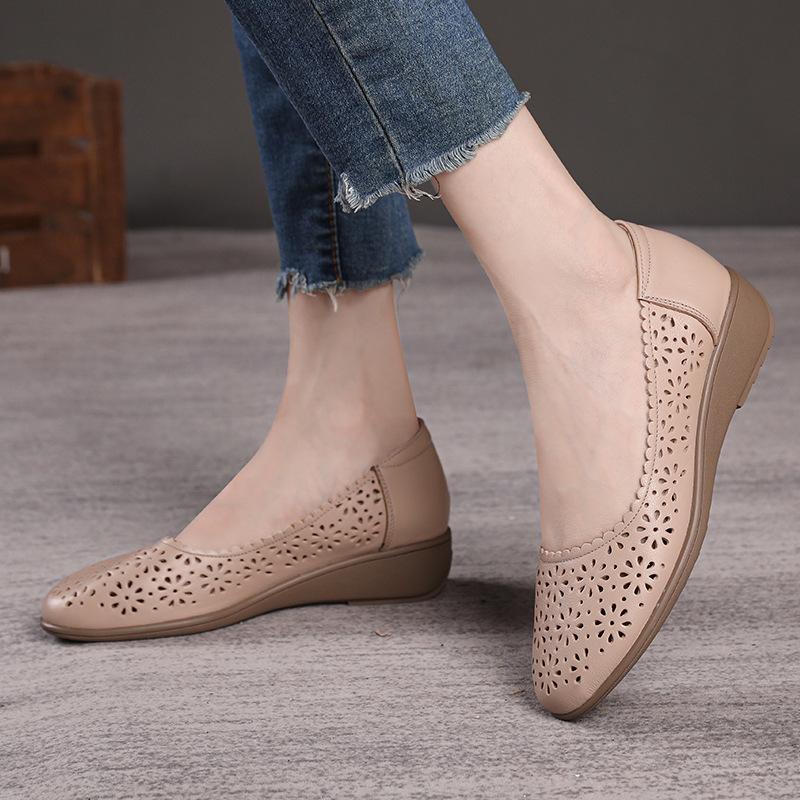 Fashion GKTINOO White Genuine Leather Ladies Breathable Summer Shoes Women Flats Slip-On Loafers Round Toe Soft Flat Shoes Casual
