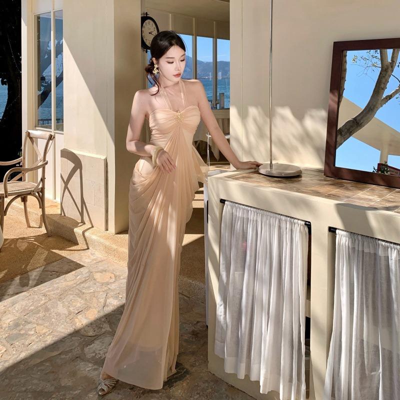 French Celebrity Premium One Shoulder Mesh Long Dress Skirt Vintage Tube Top Dress