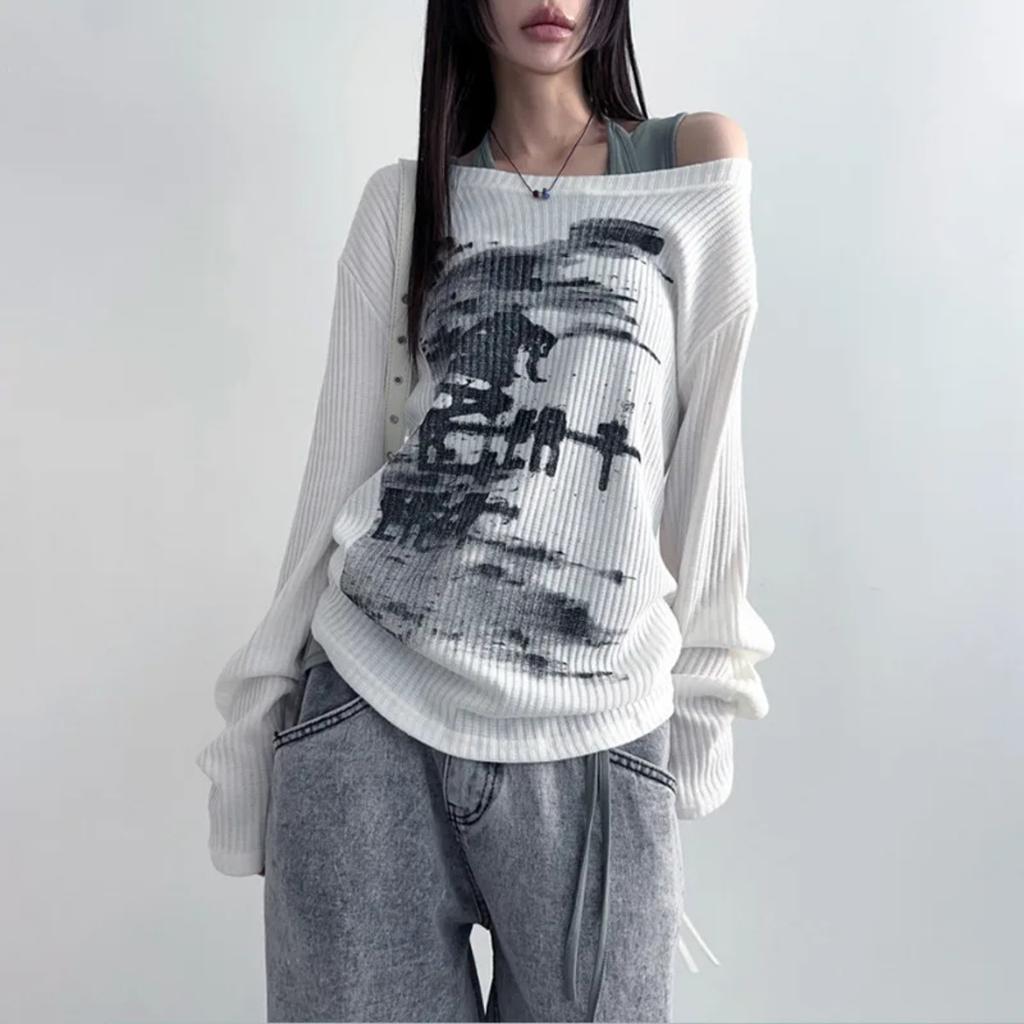 VAYLA Podzimní Harajuku Dámská Trička s Potiskem Vintage Streetwear Grunge Asymetrický Límec Topy Y2k Estetika Volné Ležérní Hiphop Vintage Topy