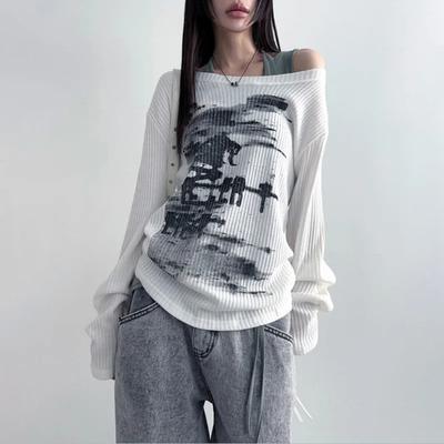 2KWEIRD Höst Harajuku Kvinnor Tryckta T-shirts Vintage Streetwear Grunge Sned Krage Toppar Y2k Estetik Lös Casual Hiphop Vintage Toppar