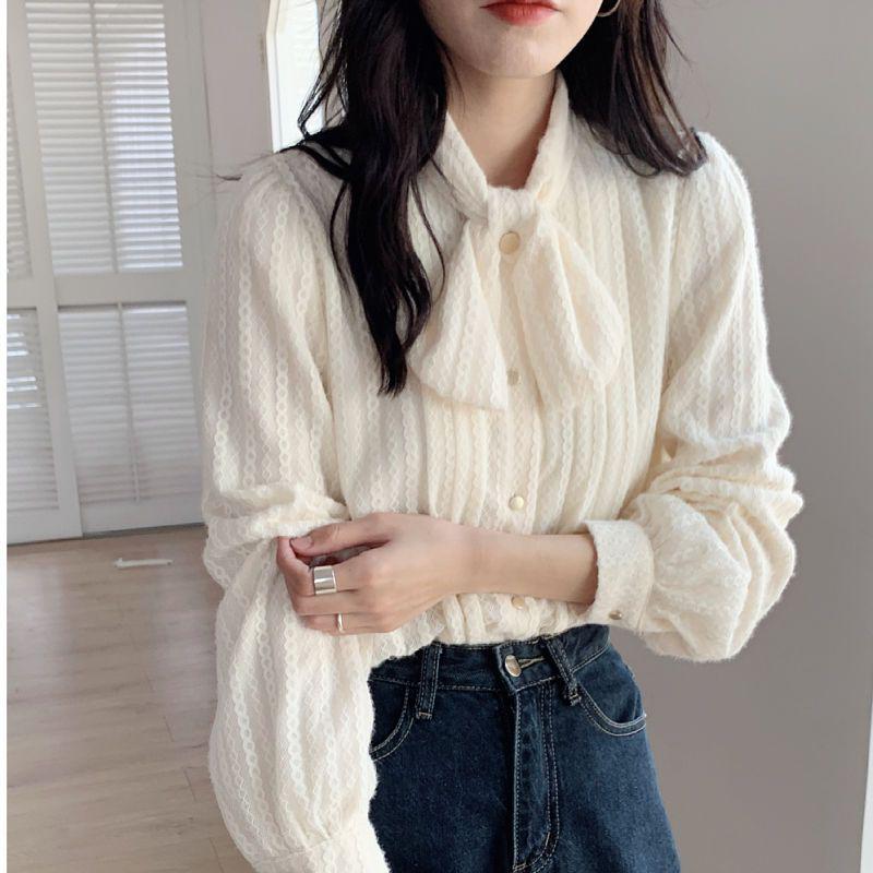 

Elegant Flocked Lace Bow Blouse - 2025 Autumn/Winter Collection, French Style Long Sleeve Shirt S 80-95 Jin