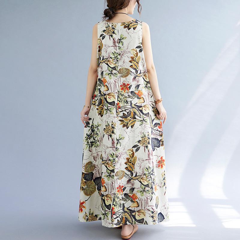 Plus Size Women Summer Retro Floral Print Sleeveless Dress Round Neck Cotton Linen Loose Long Maxi Dresses