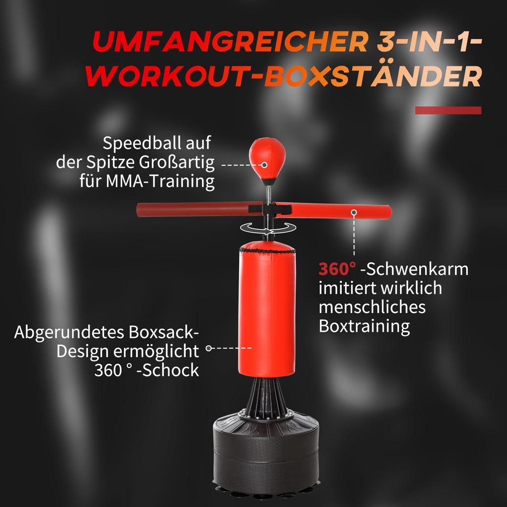 155-205 cm 3v1 Samostatný stojan na boxovací pytel, Boxerský rychlostní trenér s otočným flexibilním ramenem, Rychlostní míč, Plnitelná základna, Červený
