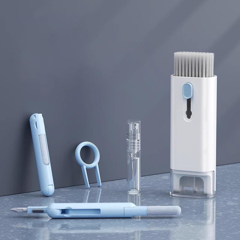 

7 в 1 набор щеток для чистки клавиатуры компьютера, очистка экрана, многофункциональные инструменты для чистки чехла гарнитуры, распылитель для очистки пепла синий