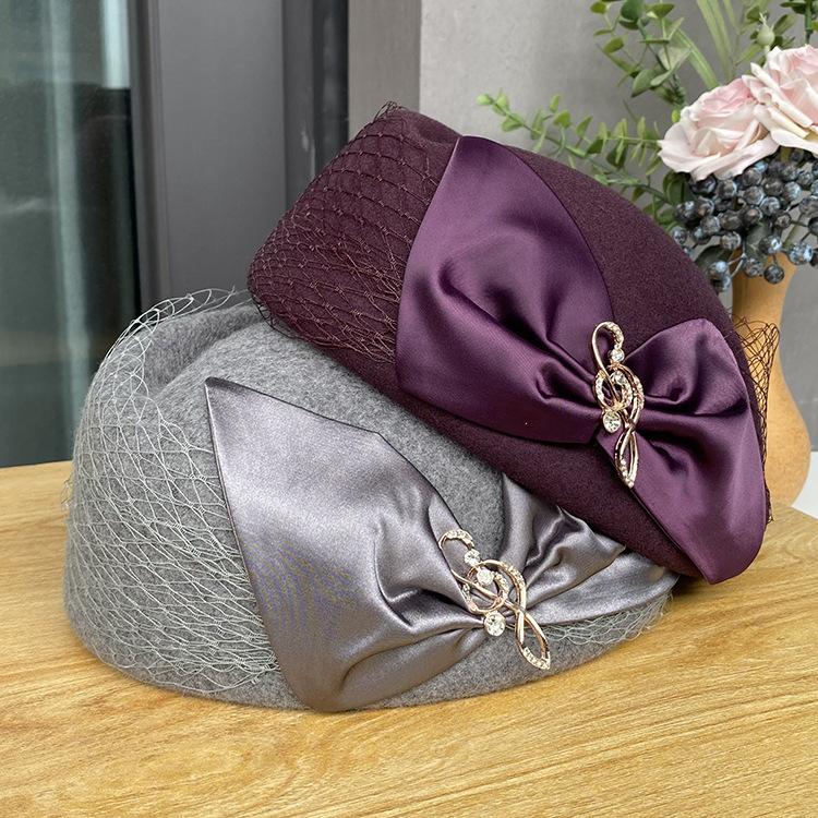Damski wełniany kapelusz stylizacyjny, nowy brytyjski retro top hat z satynową kokardą, jesienno-zimowy kapelusz bud dla stewardessy