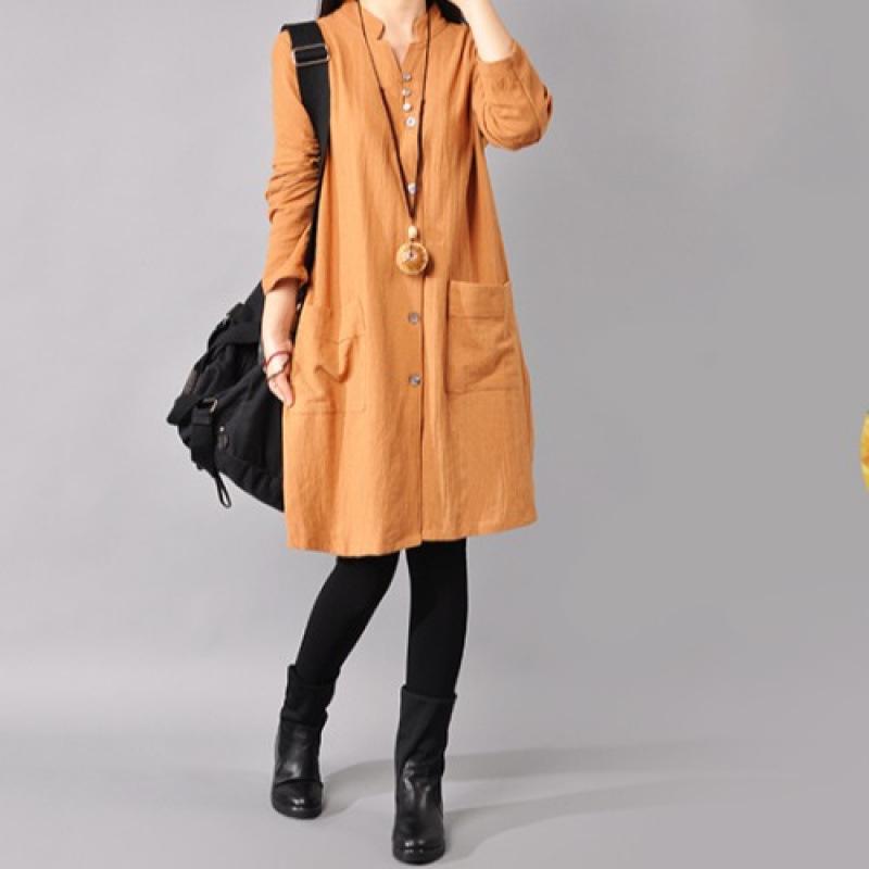 2025 Spring Korean Plus Size Women's Cotton Linen Shirt Dress with Half-Open Collar and Long Sleeves