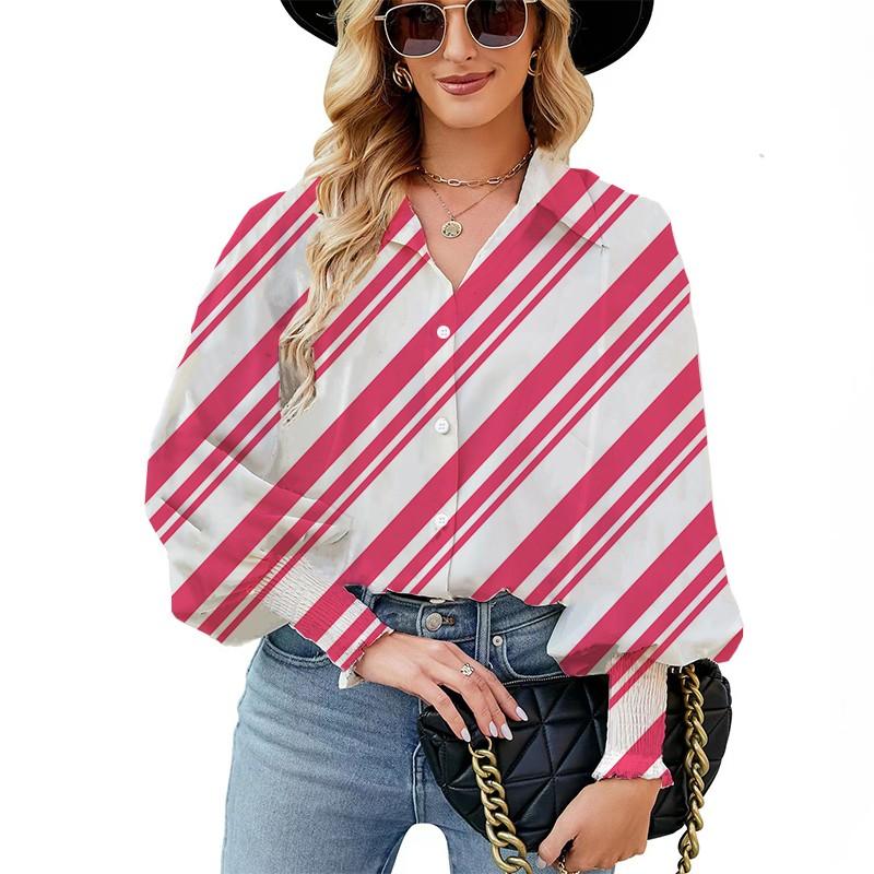 

Полосатый топ с принтом для свободного повседневного повседневного женского топа с пышными рукавами и лацканами