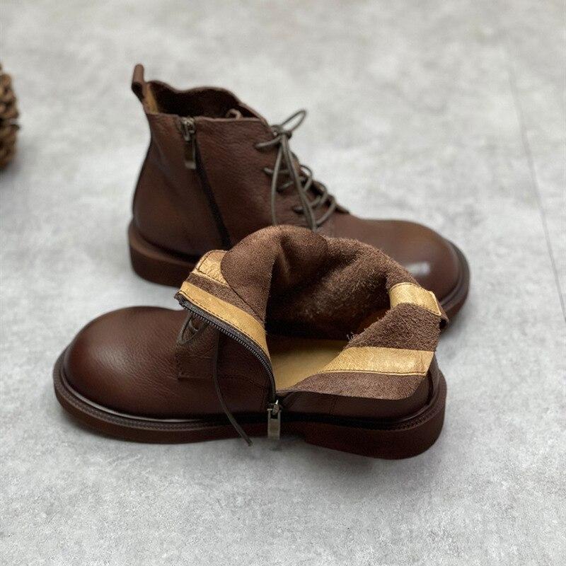 Johnature Genuine Leather Winter Boots Women Shoes Zip Round Toe Flat With Handmade Leisure Sewing Ankle Ladies Boots