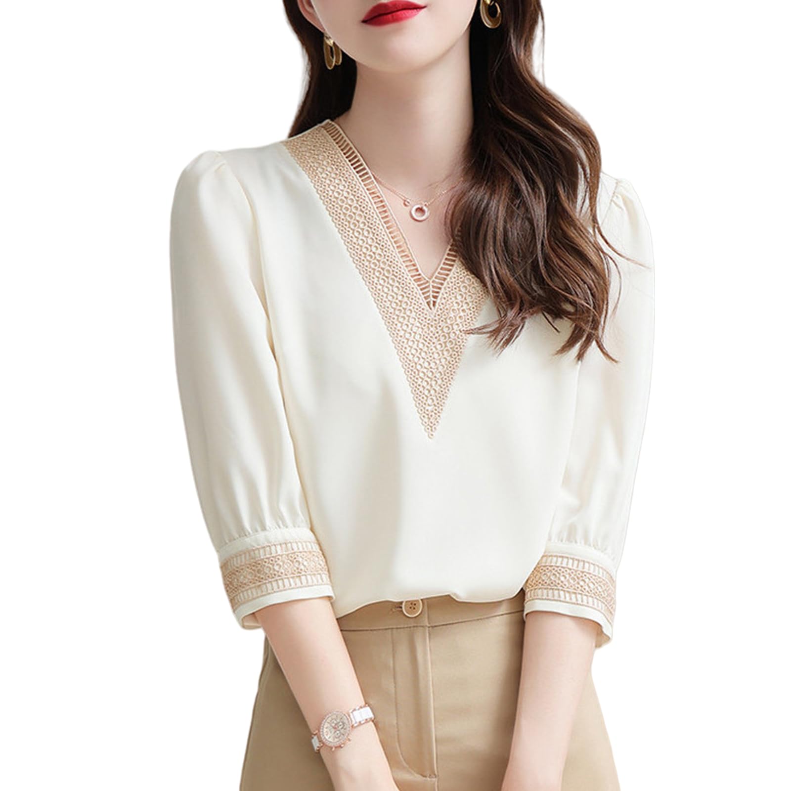 

Шифоновая блузка с коротким рукавом, свободного кроя, для осени [MlleeSSeeldyTRC], женская блузка, рубашка, топ, с вышивкой, V-образный вырез, пуловер, посадка, форма, для взрослых, белый