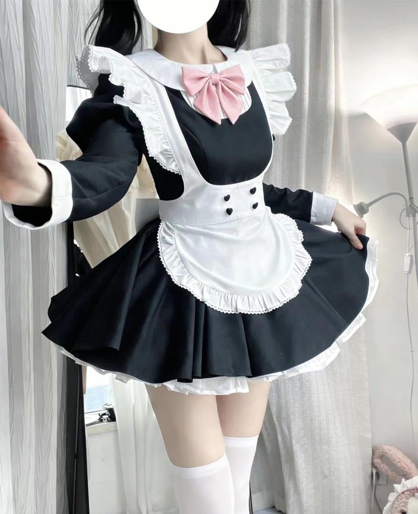 KALAOK Maid Cosplay Long Sleeve Halloween Cute Size 3XL Dress, Uniform, Cafe, Costume, Dress, Black,