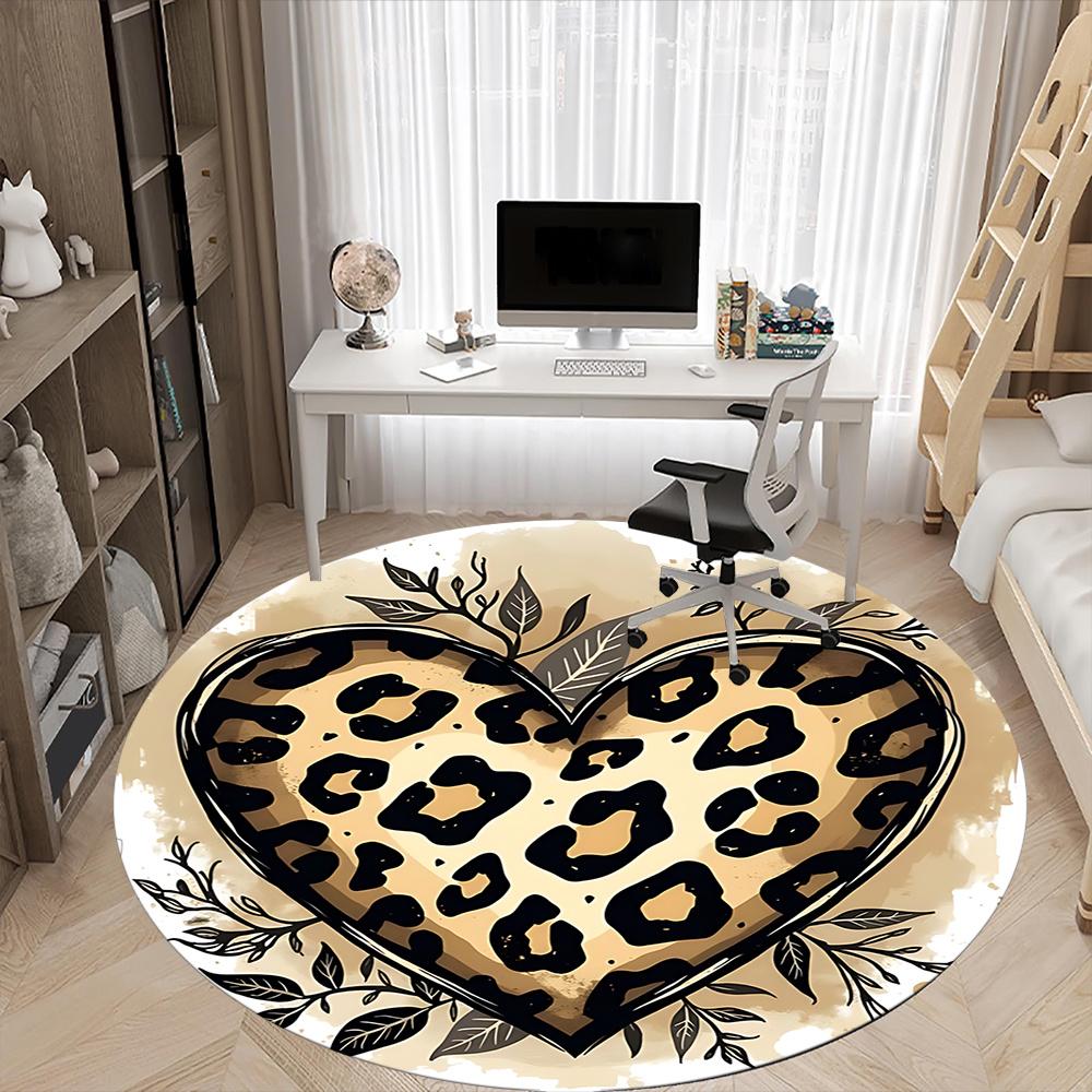 1pc Leopard Print Heart Office Round Area Rug, Indoor Mat Suitable ForOffice, Under Office Chairs Bedroom Living Room Home Decor, Room Deco 020