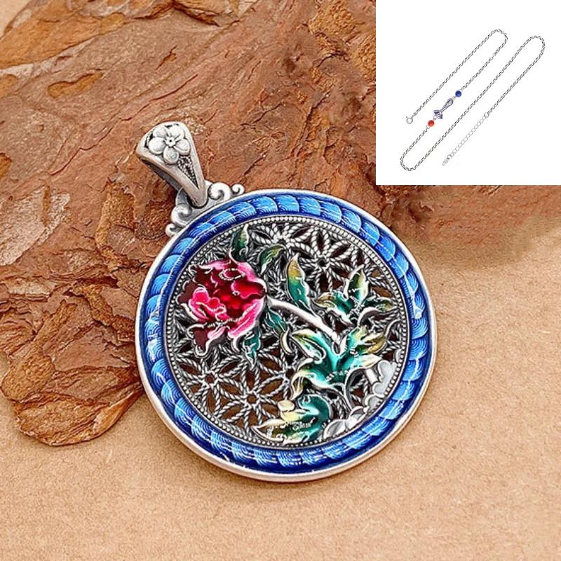 Archaic Rhyme Chinese Style Peony Flower Necklace   Colored Enamel Circular Pendant Ethnic Style Pendant Jewelry