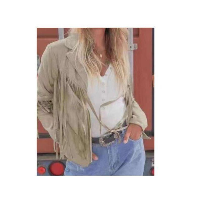 

Slim Long Sleeve Tassel Short Coat Woman Slim fit Long sleeve Tassel Short Outerwear Apricot color XL