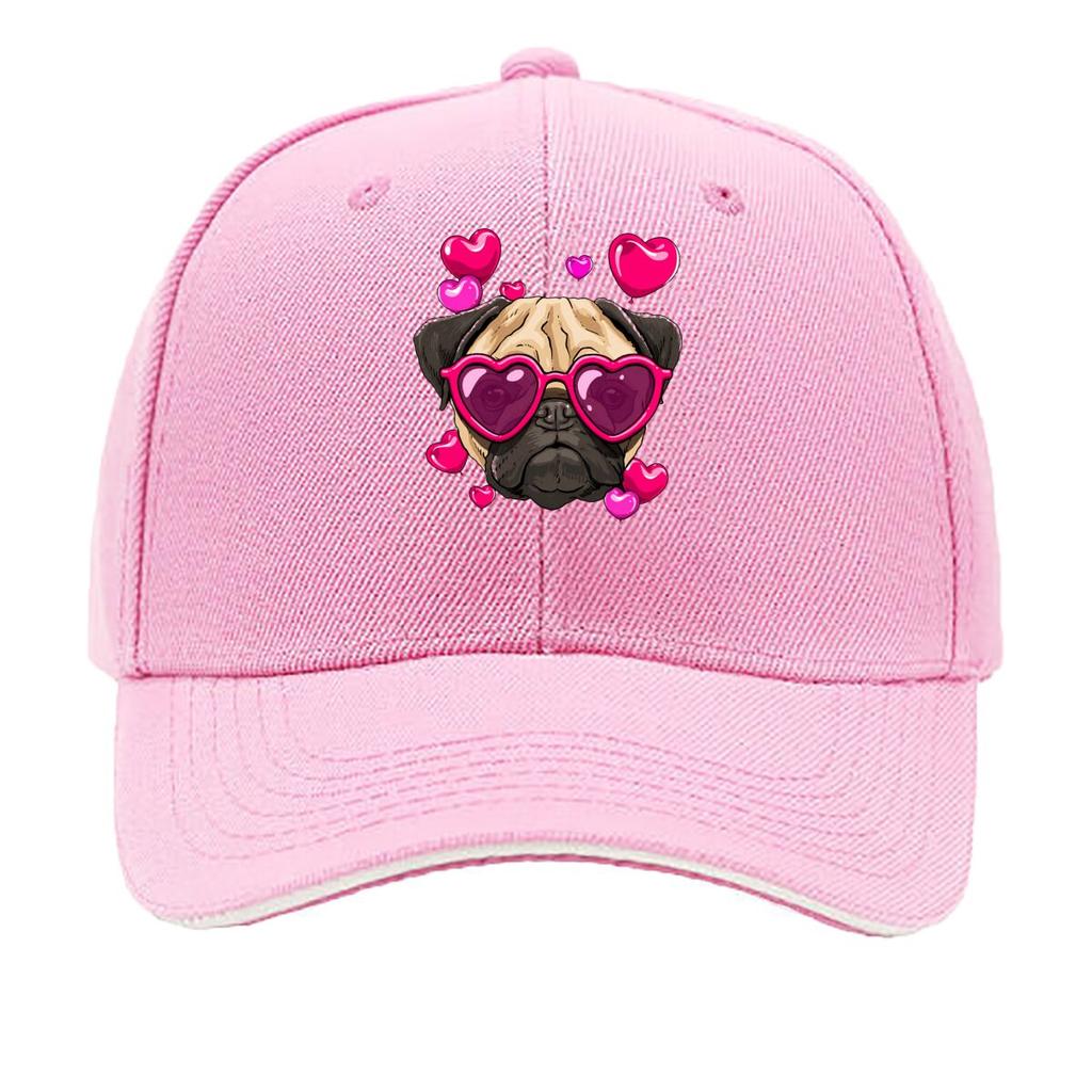 Valentine Day Pug Dog Heart Glasses Hearts Graphic Sandwich Baseball Cap Unisex Women Sun Cap Outdoor Workouts Hat