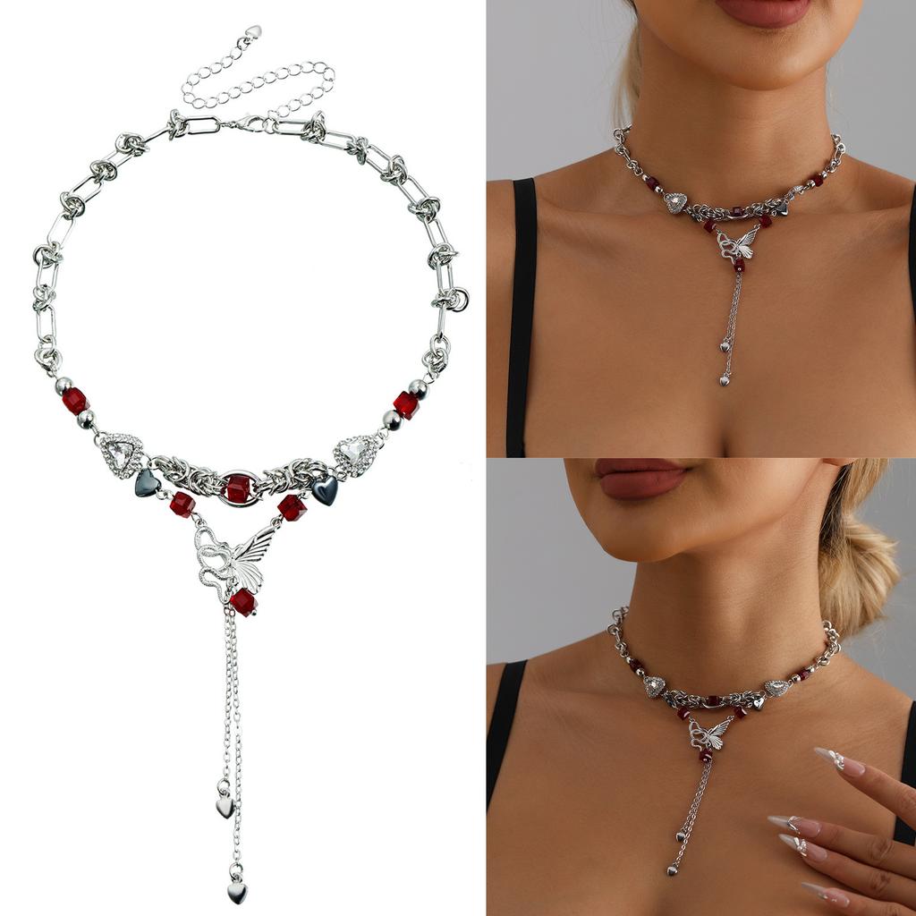 Trendy Butterfly Fringe Chain Necklace Sweet Edgy Style Lightweight Alloy Clavicle Chain Jewelry For Women Girls