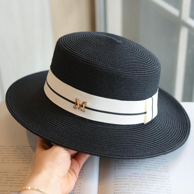 M Standard Flat Top French Retro Straw Top Hat Spring and Summer Fashion Seaside Vacation Leisure Sun Hat Women