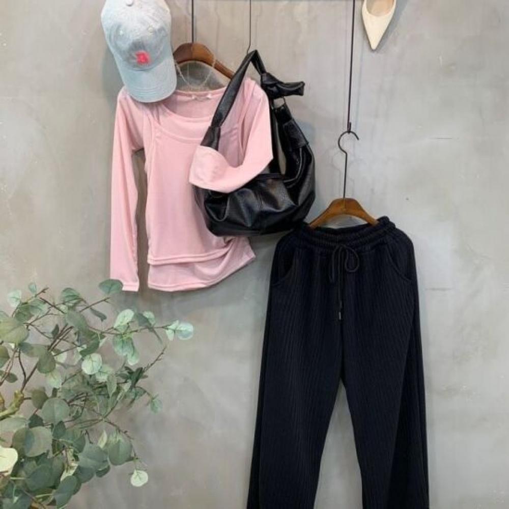 C S In The Room Mokku Ribbed Split bandIng Knit Wide pantS 4Color