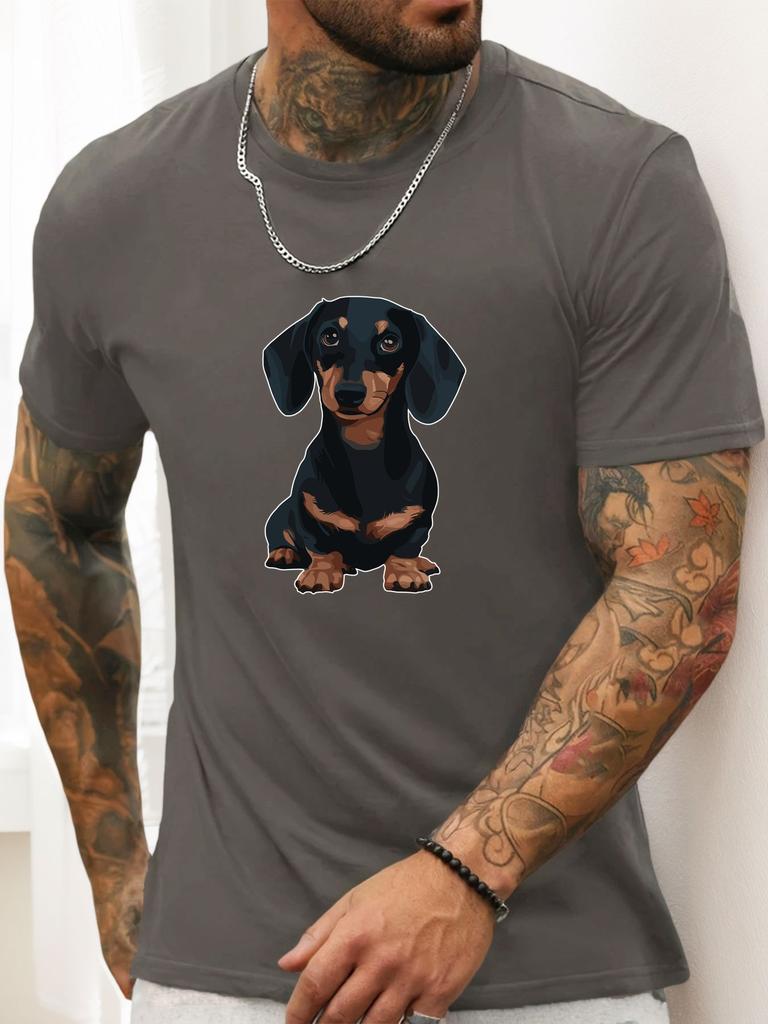 Unisex O Neck Tee Cute Sitting Dachshund Dog Cartoon Print Cotton Short Sleeve Loose Summer Breathable Daily Casual Basic Wear Top