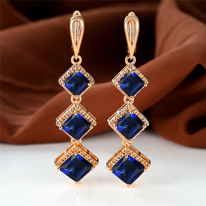Rose Gold Color Birthstone Clip Earrings Blue Zircon Stone Long Dangle Wedding Jewelry For Women