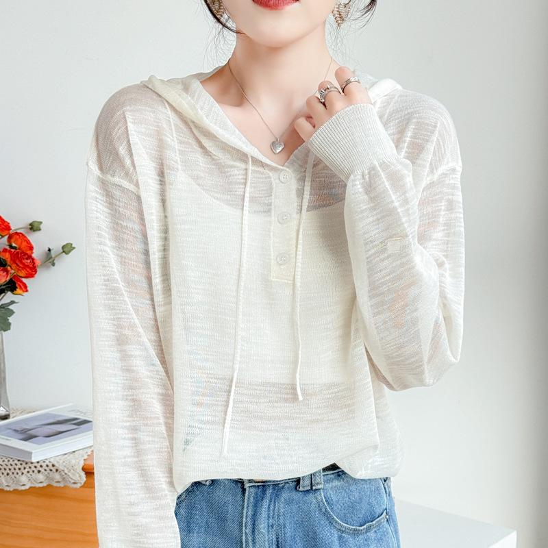 Nový letní lněný pletený svetr s kapucí s bambusovým žebrováním a jednobarevnou ležérní základní vrstvou