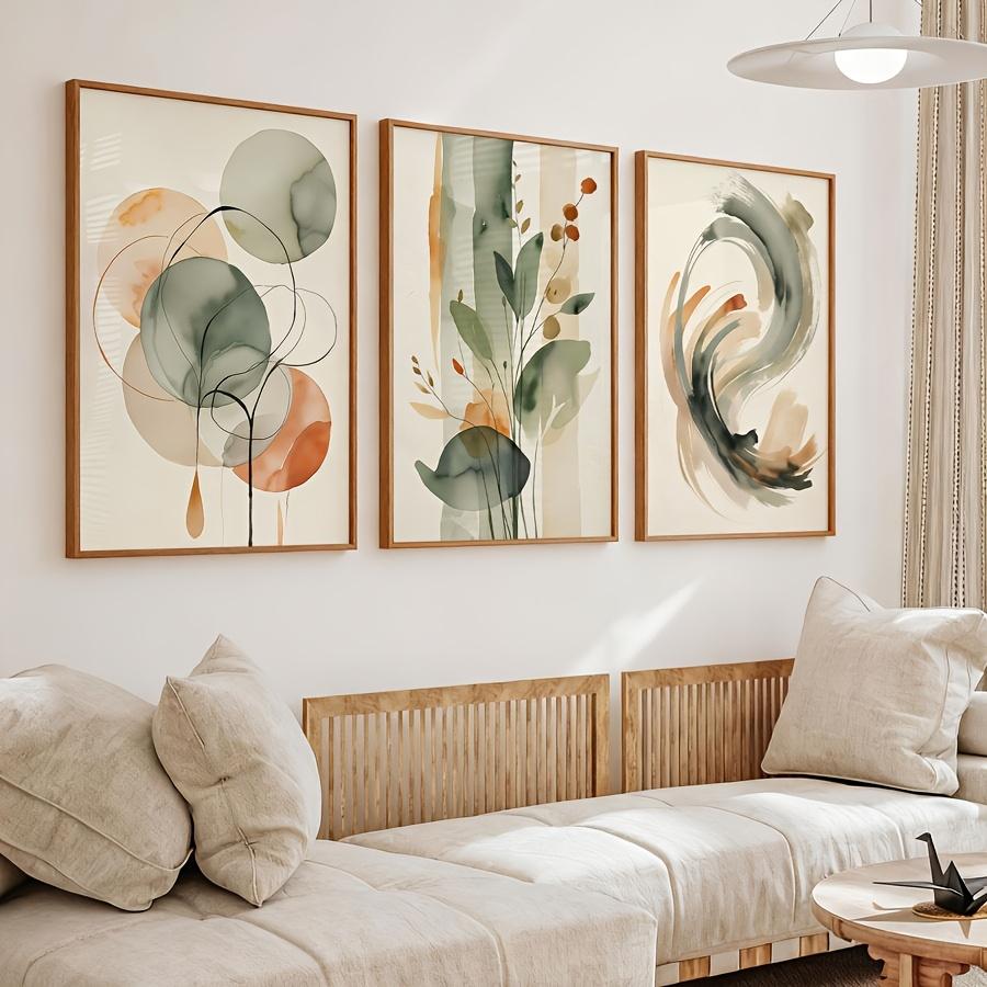 3pcs/set Beige and Sage Plant Canvas Printing Abstract Watercolor Geometric Wall Art Poster for Modern Spring Home Decor Gifts