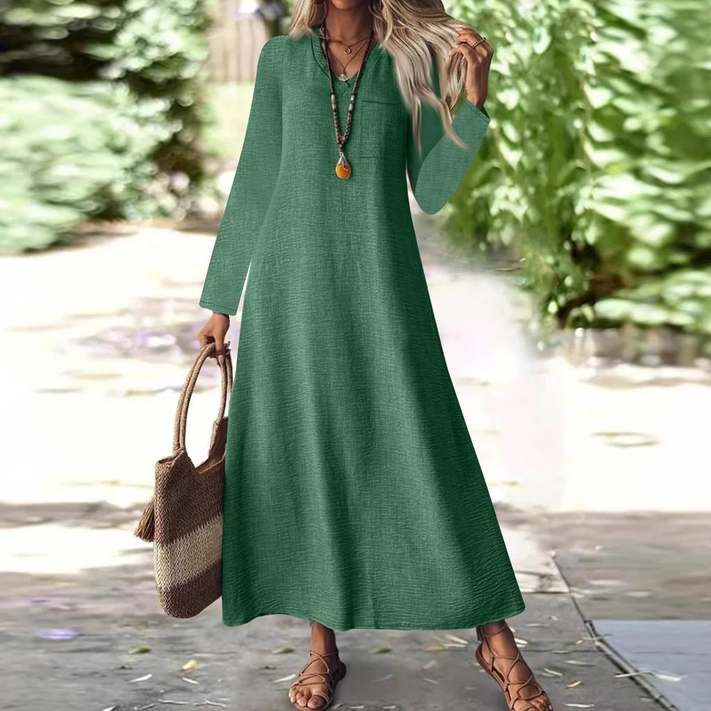 Women's Fashion V-Neck Long Sleeve Pocket Solid Color Zipper Casual Vacation Long Cotton Linen Dresses
