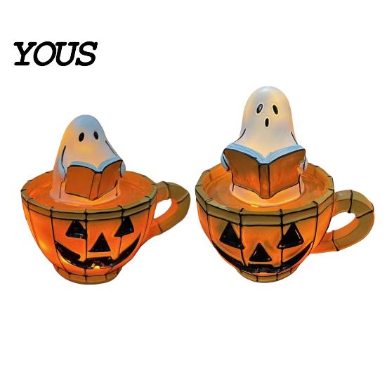 Retro Halloween Light Ghost Reading Book Lamp, Stained Glass Style Night Light, Resin Spooky Bedroom Lamp Pumpkin Bedside for Bedroom, Living