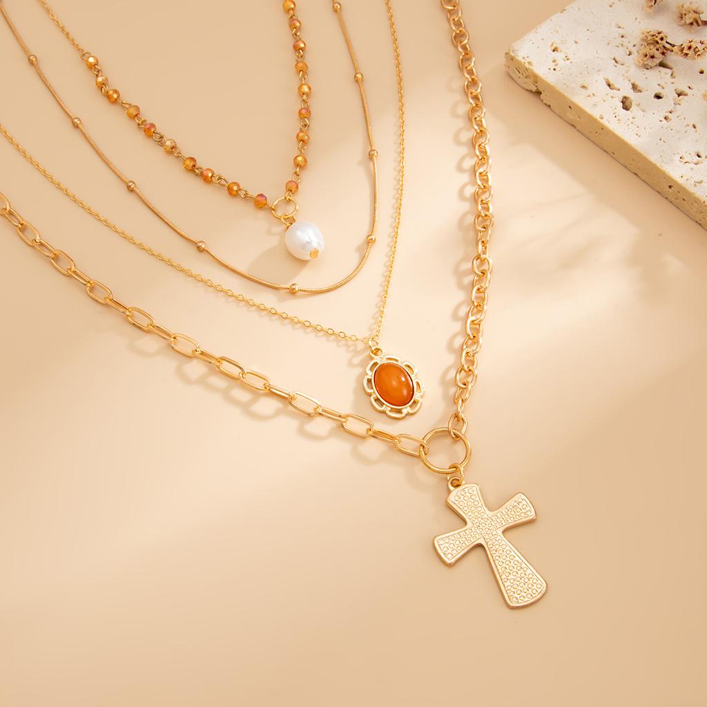 Fashion Imitation Pearl Cross Pendant Necklace, Wind Imitation Crystal Chain, Gemstone Collarbone Necklace.