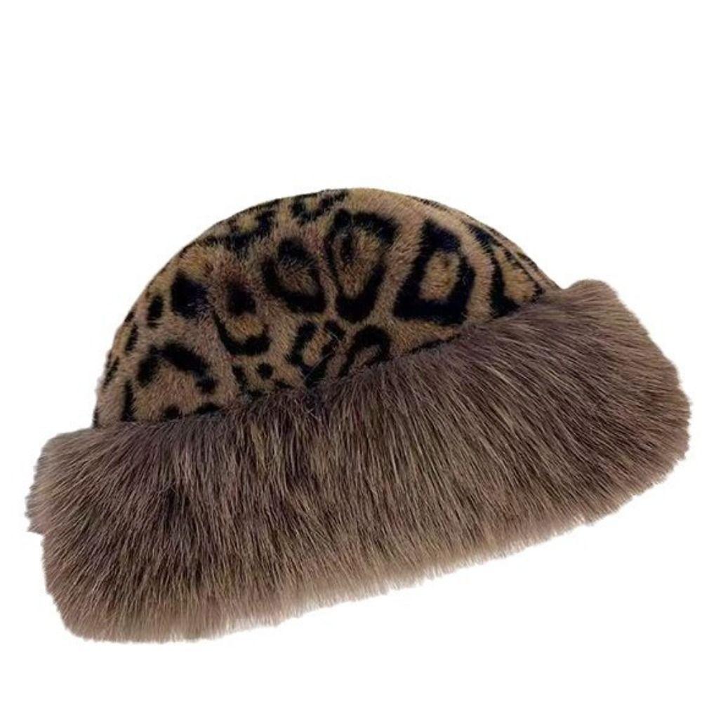 Korean Style Leopard Print Plush Mongolian Hat Brimless Plush  Bucket Hat  Autumn and Winter