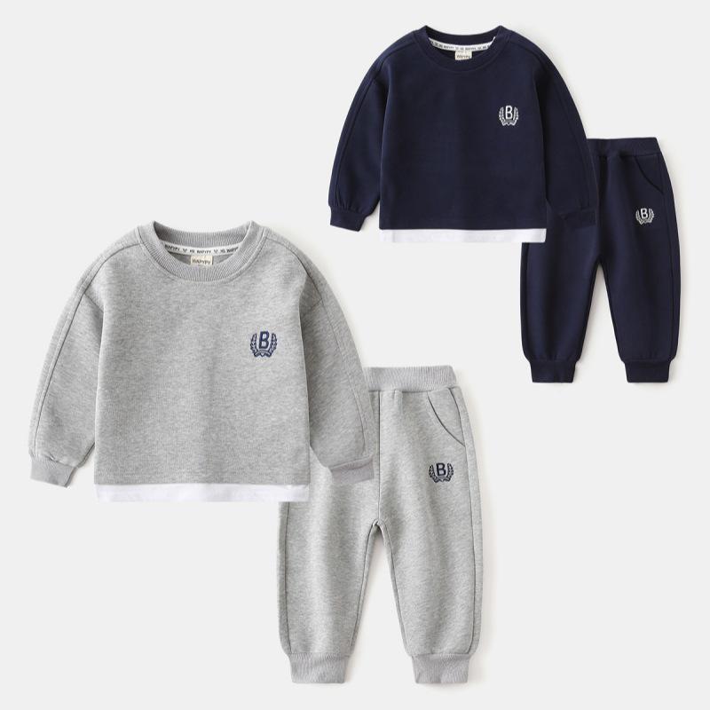 Trendy Korean 2025 Boys' 2-Piece Sweatshirt & Sweatpants Set - Fake Layered Sportswear