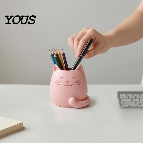 Pencil Pen Storage Cup Holder, Cartoon Cat Shape Desk Organizer, Smooth Surface Decorative Odorless Container Stationery Holder for