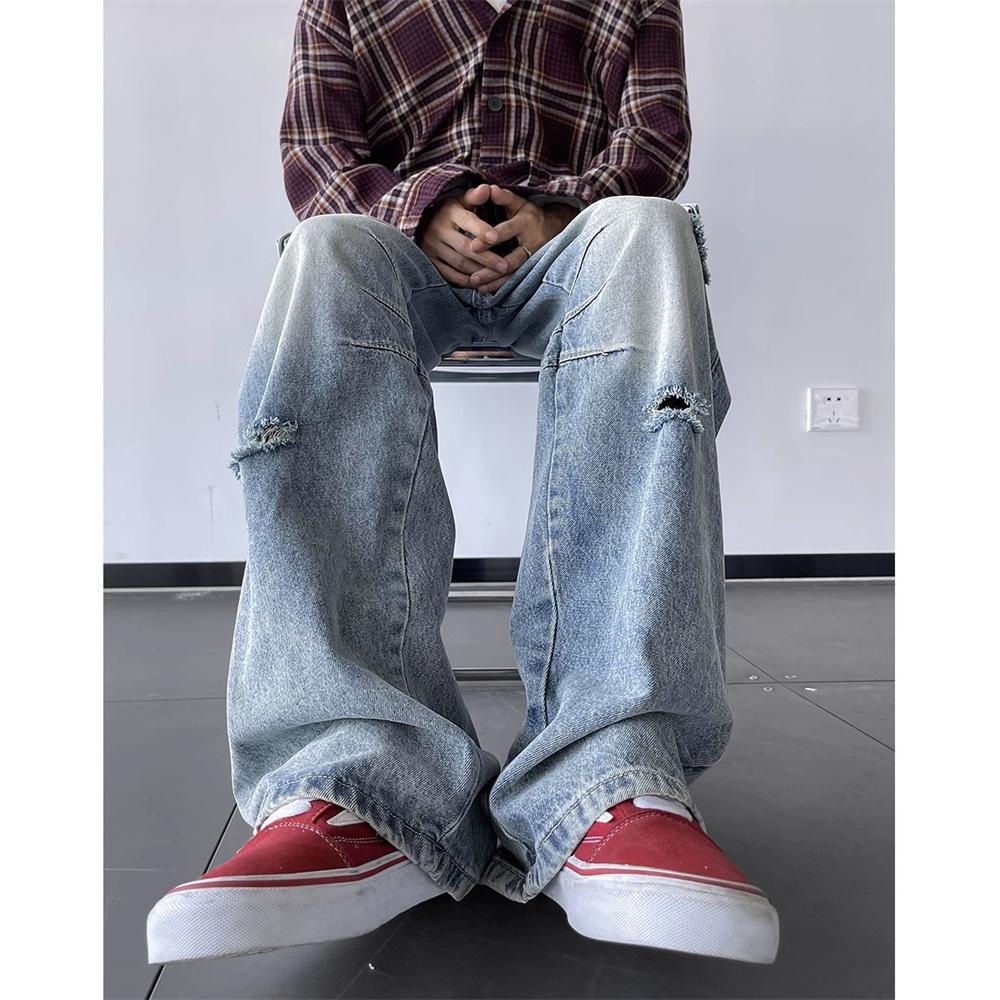 Trendy Brand Retro Ripped Tooling Wide-leg Jeans Men's Autumn American High Street Hiphop Loose Straight Pants