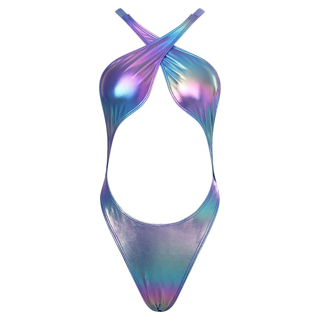 Womens Iridescent Metallic One Piece Swimsuit Chest Pads Crossing Strap Backless Bodysuit