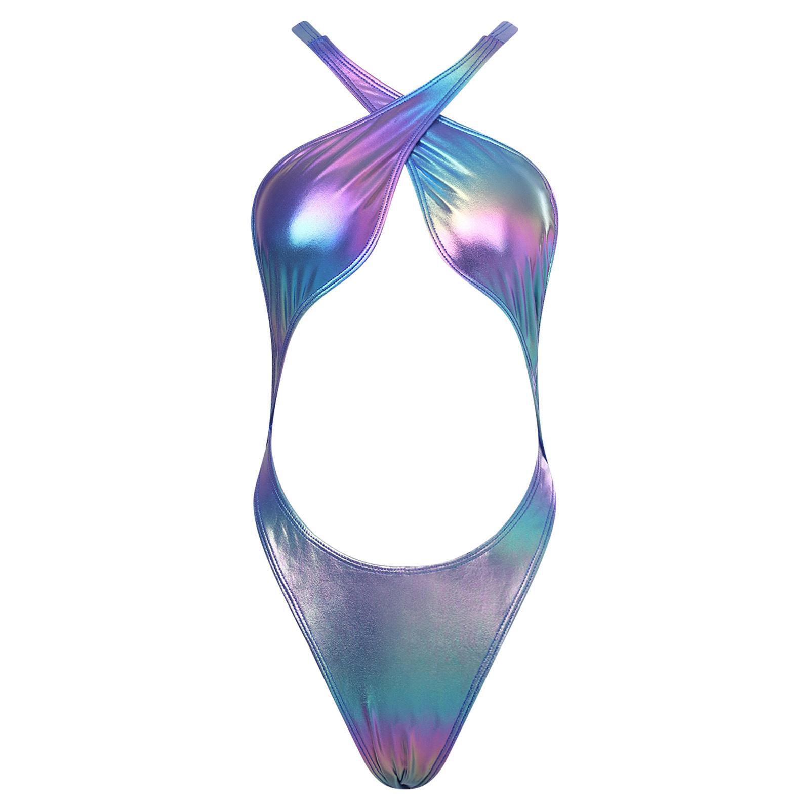 

Womens Iridescent Metallic One Piece Swimsuit Chest Pads Crossing Strap Backless Bodysuit XXL синій