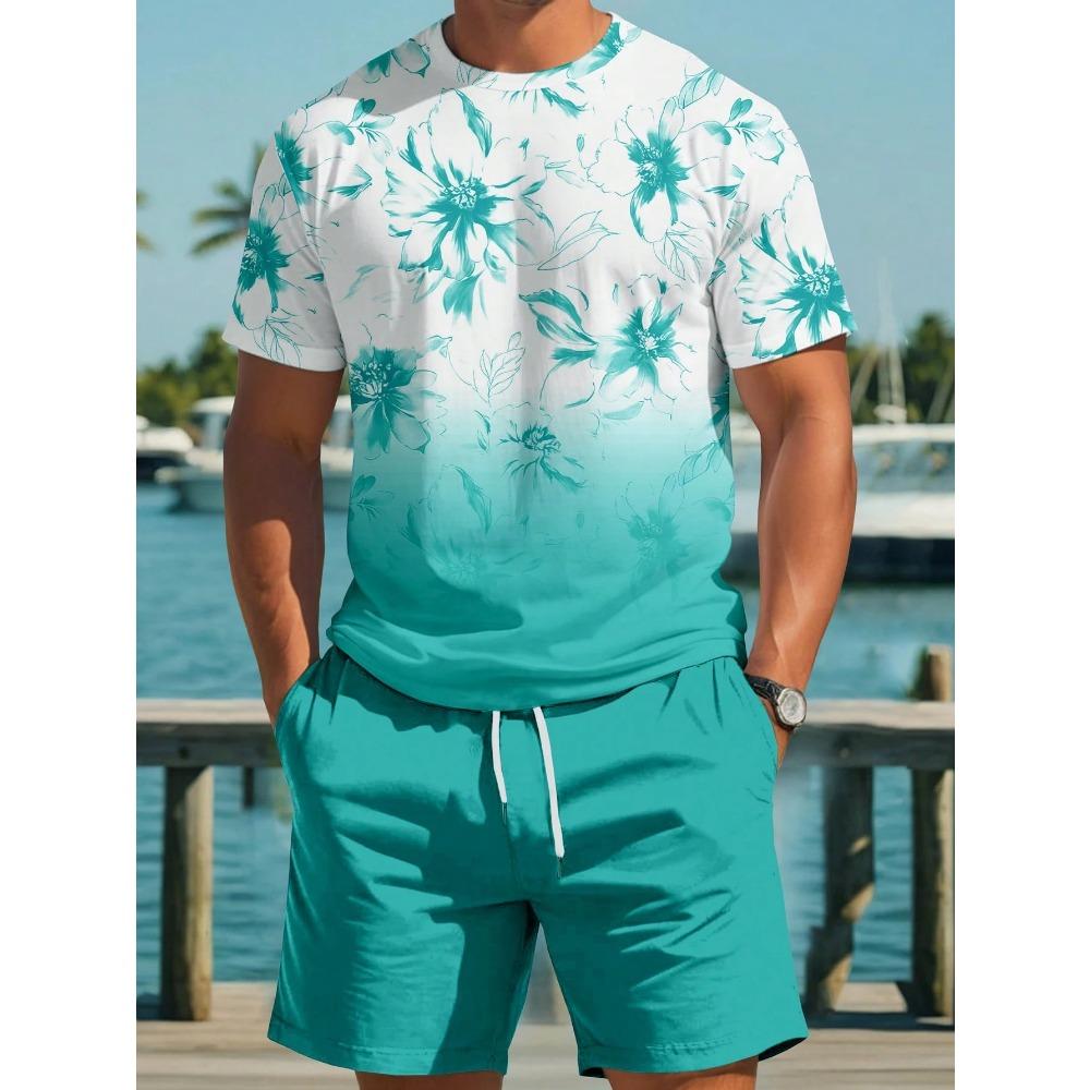 Summer Men Tropical Floral Print Round Neck Short Sleeve Casual T-Shirt And Shorts Set Beach Outfit Men Beach Tops Shorts Suit