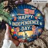 2D Flat, 1pc Round Aluminum "Happy Independence Day" Sign, Patriotic USA Flag & Statue of Liberty Metal Plaque, Vintage Distressed Style, Perfect for