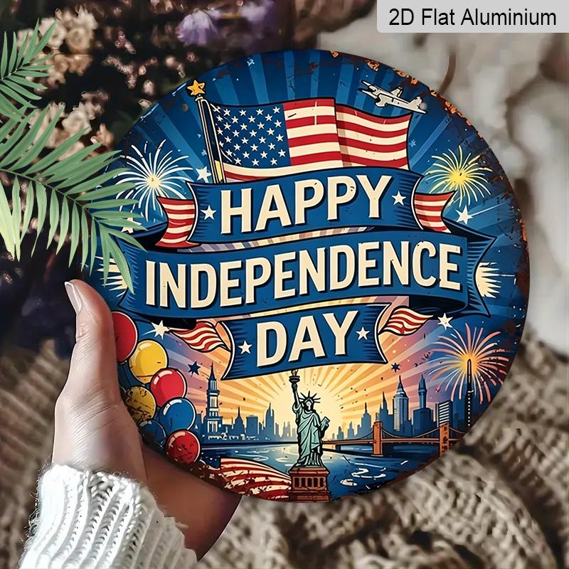 2D Flat, 1pc Round Aluminum "Happy Independence Day" Sign, Patriotic USA Flag & Statue of Liberty Metal Plaque, Vintage Distressed Style, Perfect for